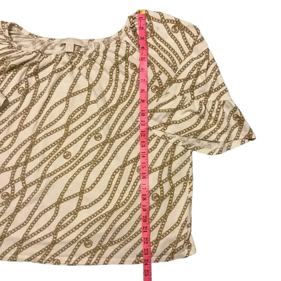 MICHEAL KORS CREAM & BROWN CHAIN DESIGN 3/4 LENGTH RUFFLE SLEEVE TOP/ Size 2X - Picture 8 of 8